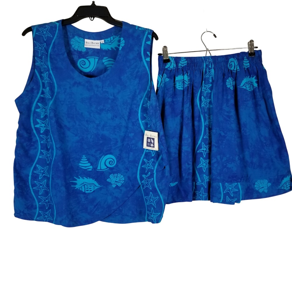 Bali Batiks Womens Large Blue Hand Painted Rayon Tank Top Shorts Set NWT Coastal